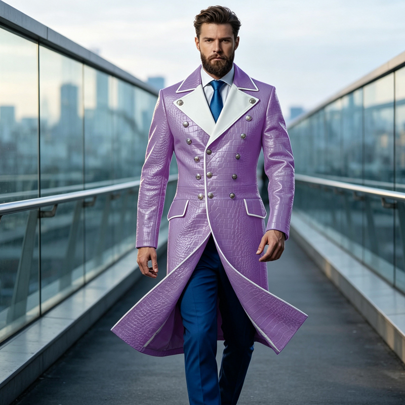 Men'S Grooming Oxford - メンズ クロコダイル型押しPUレザーオーバーコート ホワイトノッチドラペル スリムフィット フォーマル紳士コート ウェディング