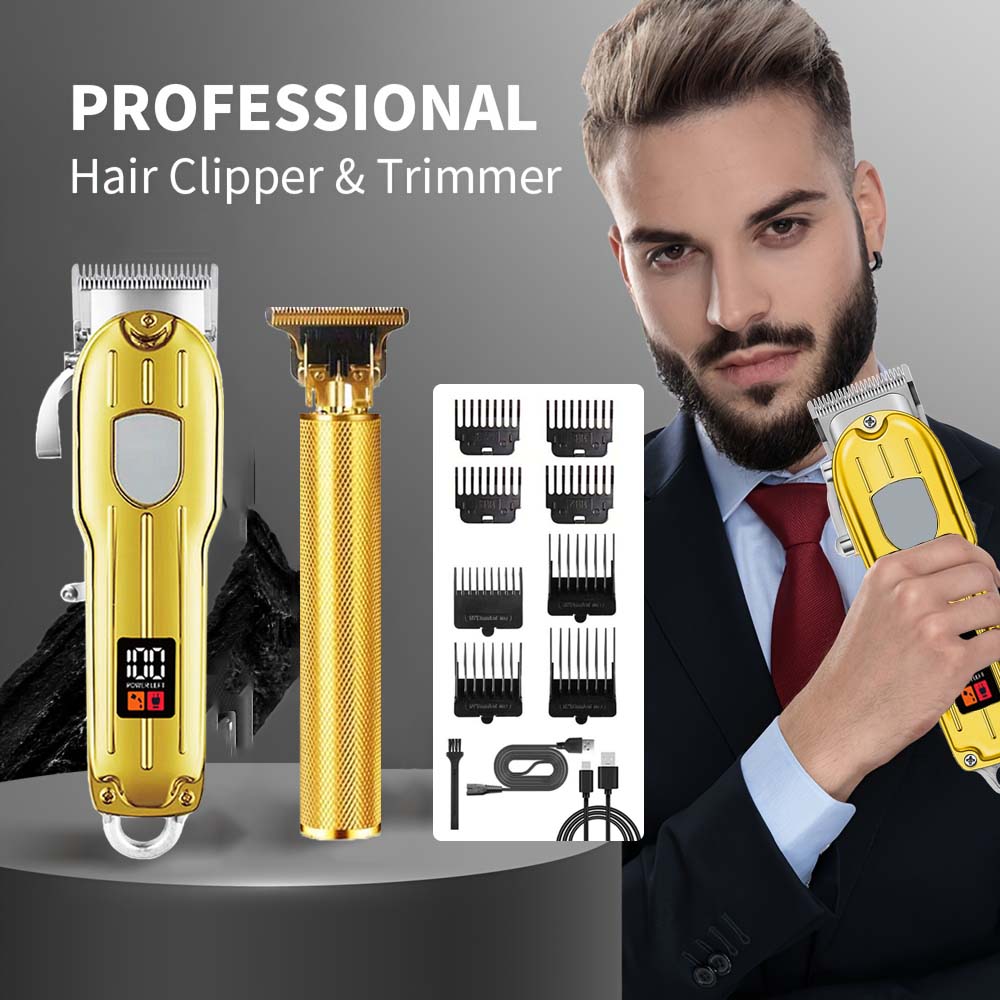 Men'S Grooming Kits - 2 in 1電動バリカン＆T字型トリマーセット（男性用）-コードレス髭剃り＆ヘアカットマシン（LCDディスプレイ付き）、USB充電式グルーミングキット（8種類のガイドコーム付き）