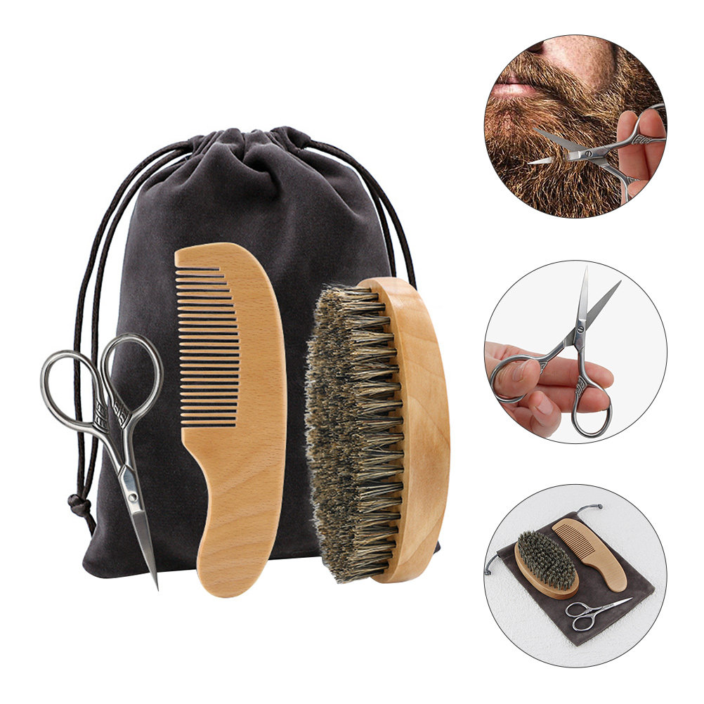 Men'S Grooming Kits - 男性用髭スタイリングセット1セット、プレミアム髭ブラシ、櫛、ハサミ、布製バッグ入り、携帯用グルーミングキット、肌に優しい、日常使いに最適